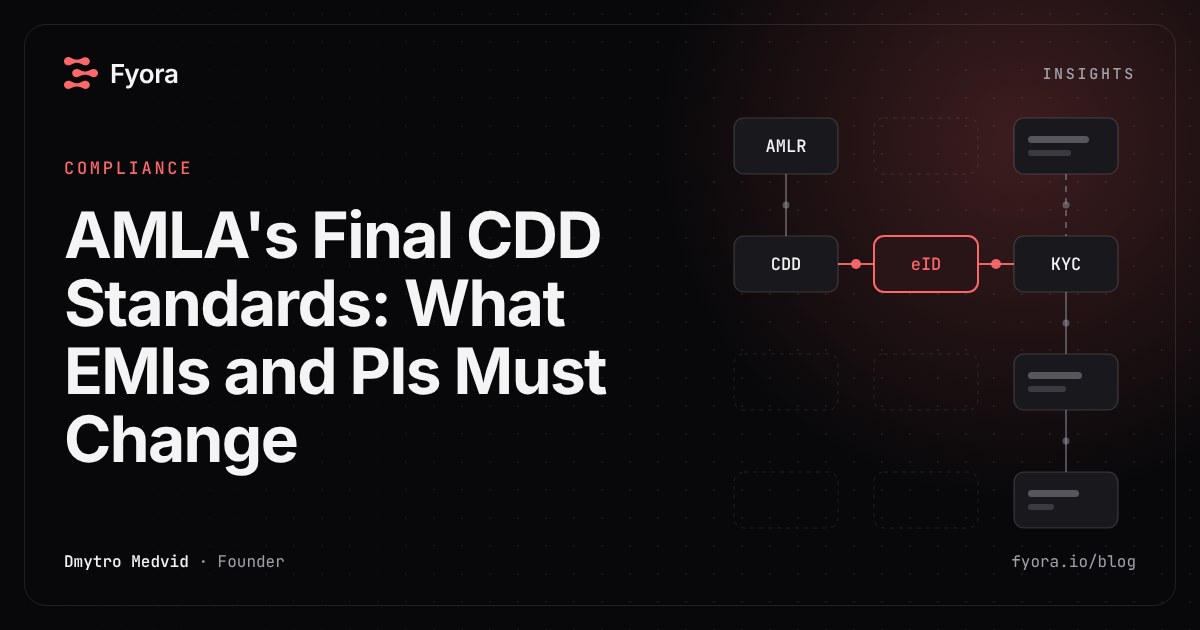 AMLA customer due diligence standards for EMIs and PIs, shown as linked onboarding checks: AMLR, CDD, eID and KYC