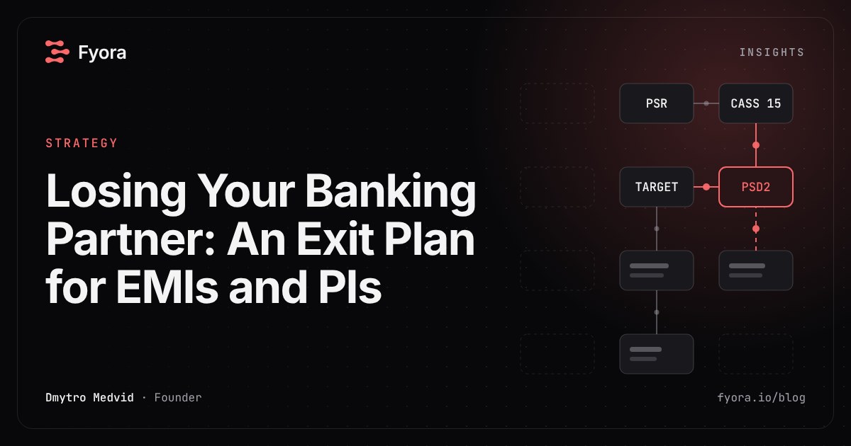 Banking partner exit plan for EMIs, shown as linked safeguarding and settlement nodes