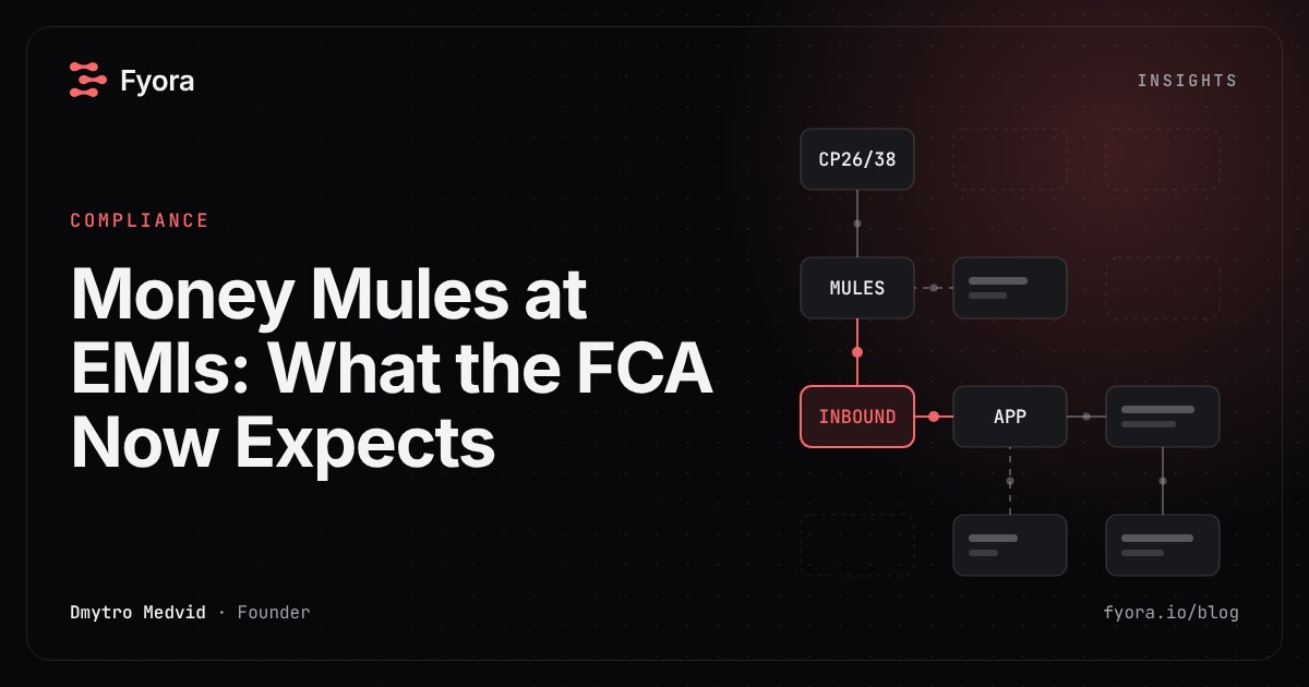 Fyora cover: money mule controls for EMIs under FCA CP26/38, shown as a chain of linked payment account nodes